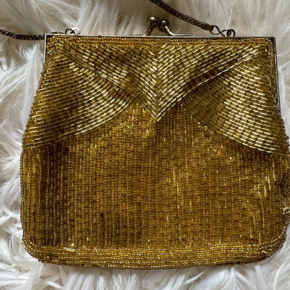 VINTAGE gold beaded & satin snap purse - Picture 2 of 5